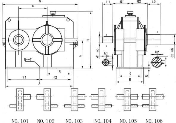 JDX28、JDX36、JDX45、減速機(jī)的裝配型式及外形尺寸圖(JC/T878.2-2001)