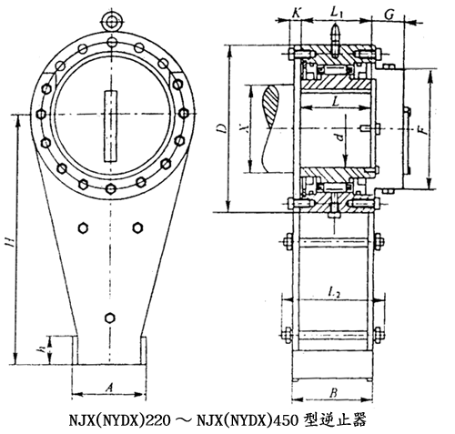 NJX（NYDX）220～NJX（NYDX）450型逆止器基本參數(shù)及主要尺寸
